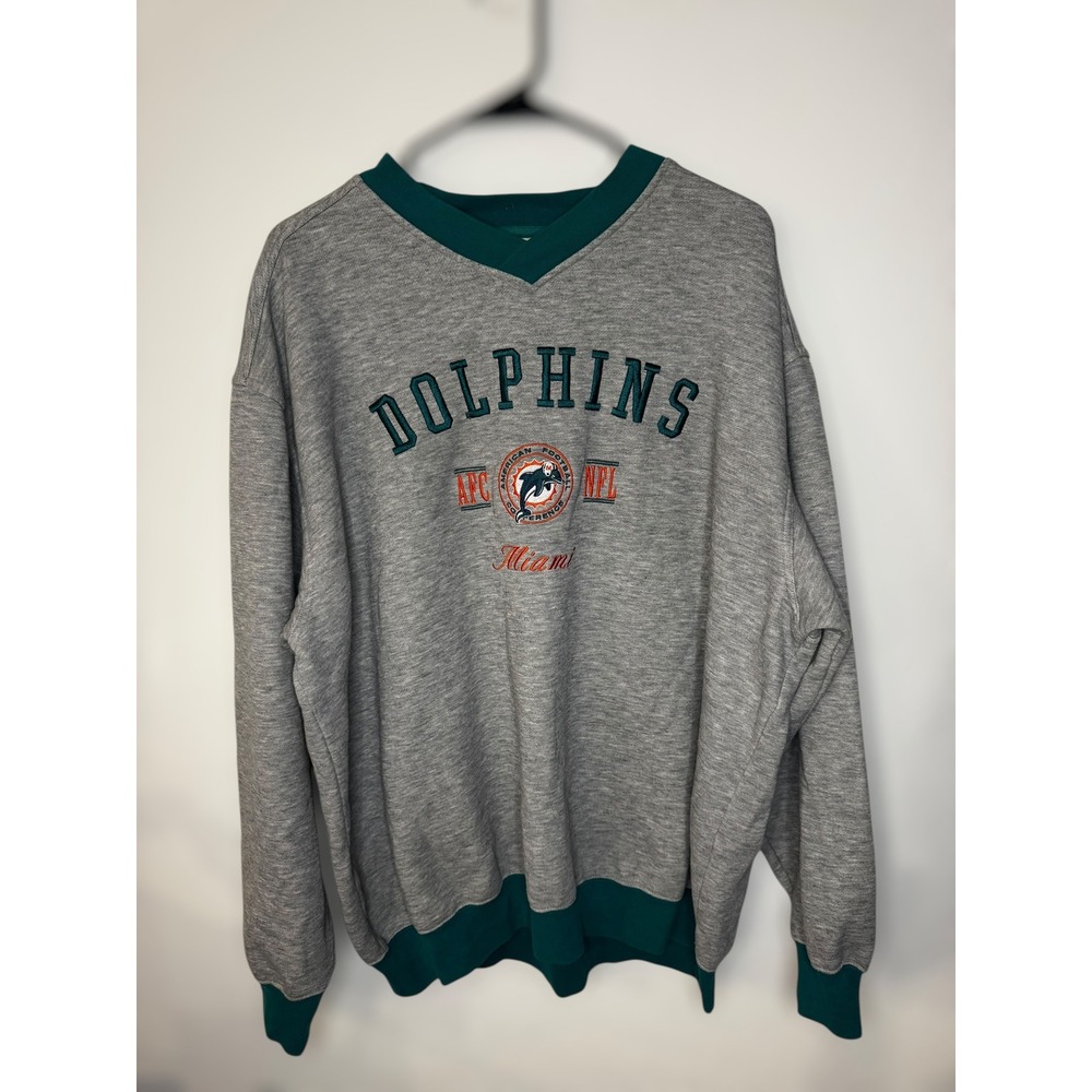 Vintage Lee‎ Sport Miami Dolphins NFL V Neck Gray Green Sweatshirt Men's XL